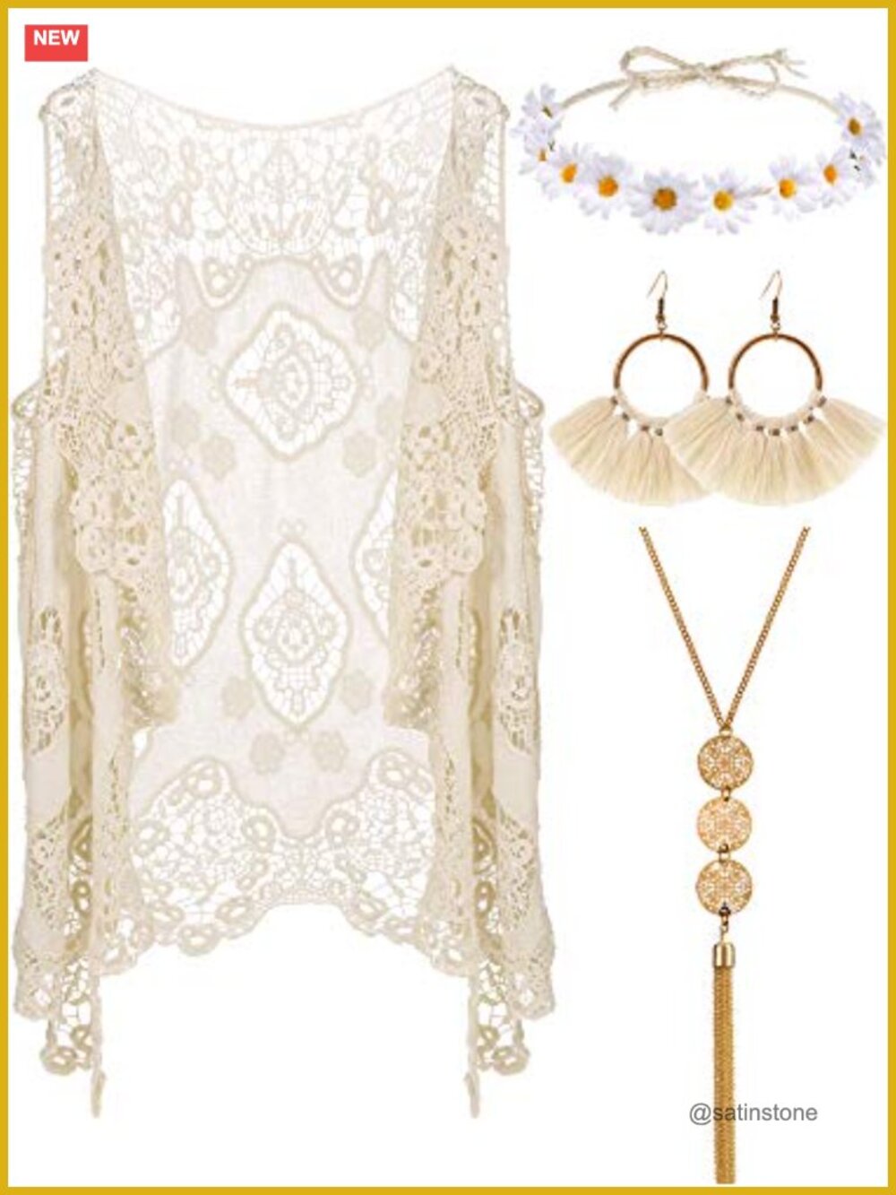 4 Pc 60s 70s Hippie Costume Set Crochet Vest Tassel Earrings Headband Choker